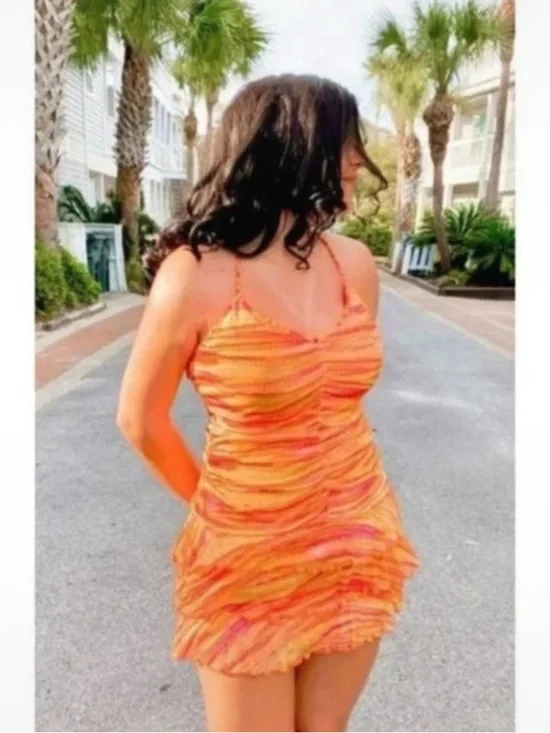 NEW wild fable Orange and Pink Striped Mini Dress Ruffle STRAPPY - Picture 3 of 6